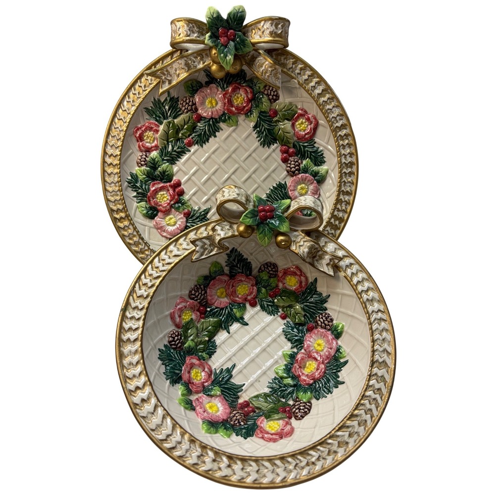 Fitz and Floyd Classics Christmas Wreath Ceramic Plate and Bowl Set Gold Trim